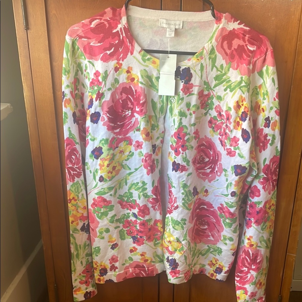 Charter Club Floral Cardigan - Pink and Green